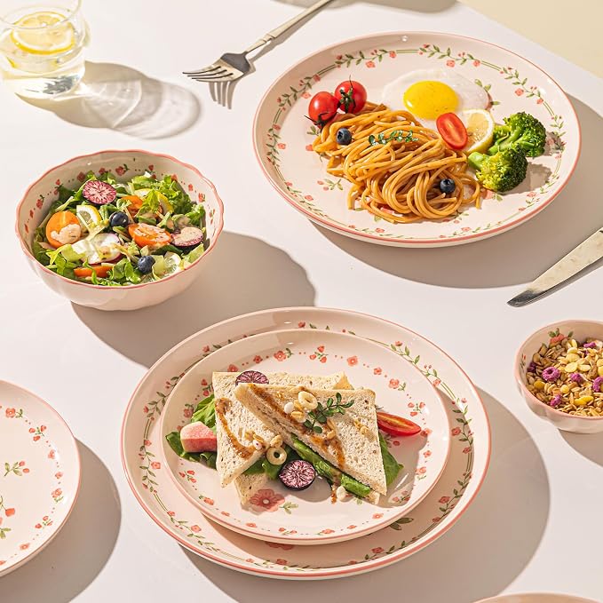 24-Piece Dinnerware Set for 6, Ceramic Plates and Bowls Sets, Microwave & Dishwasher Safe Dish Sets for Daily Use & Gifting, with Spring Peach Blossom Pattern