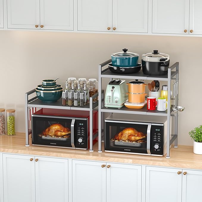 PUSDON 3-Tier Expandable Microwave Oven Rack, Countertop Baker's Rack Style Shelf, Heavy Duty Adjustable Stand with Hooks, 160lbs Capacity Appliance Match, Silver Gray