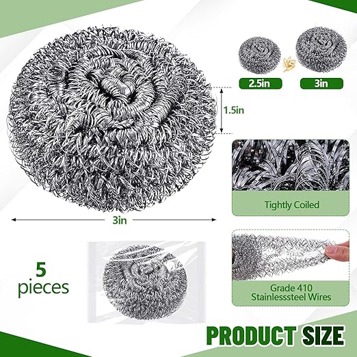 Honeydak 5 Pack Stainless Steel Scourers Steel Wool Scrubbers Bulk Separately Packaged 3 Inch, 25 Gram Metal Scourers Sponges Wire Scouring Pad for Stove Pot Pan Oven Kitchen Restaurant(Classic)