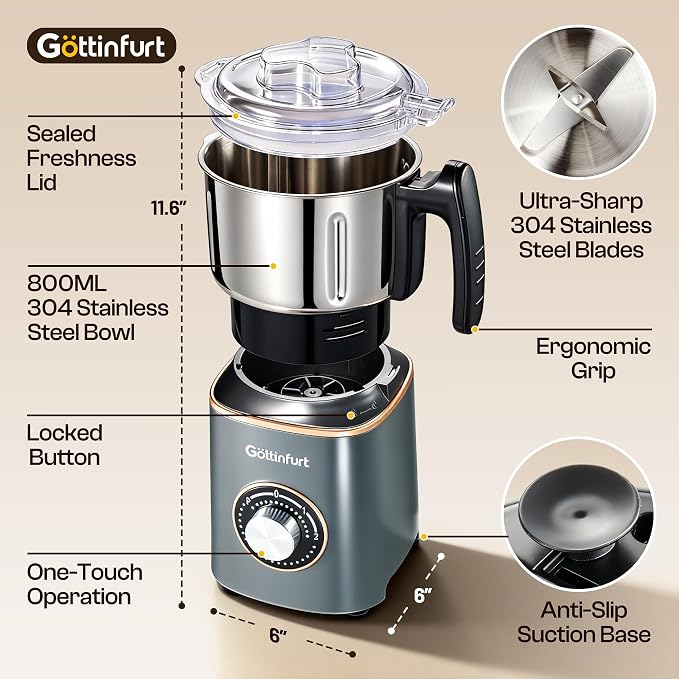 Upgraded Electric Spice Grinder, 800g Electric Grain Mill Grinder Coffee Herb Grinder with Powerful Motor, Stainless Steel Blades & Detachable Bowl, Flour Mill for Spices, Nuts, Grains, Coffee Beans