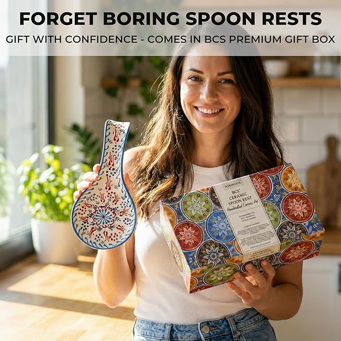 BCS Ceramic Spoon Rest, Large 9” Hand Painted Spoon Holder for Stove Top & Kitchen Counter, Dishwasher Safe & Heat Resistant Utensil Holder, Floral Kitchen Decor, Handmade Pottery