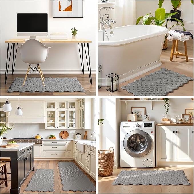 Arenarug Upgrade Scalloped Embossed Kitchen Mats for Floor 2PCS Cushioned Anti Fatigue Waterproof Foam Kitchen Rugs Non Slip Washable Comfort Standing Mat for Office Sink Laundry, Gray