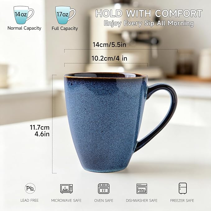 MONITO 17 OZ Coffee Mugs Set of 6, Large Ceramic Blue Coffee Mugs Set with handle for Tea/Latte/Milk/Cocoa, Funny Tea Cups for Office and Home, Engagement Gifts. (Starry Blue)