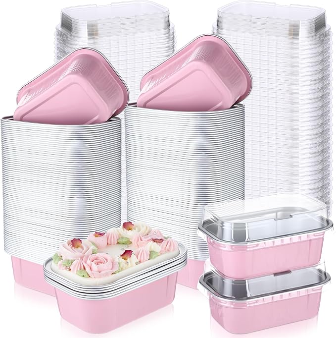 Vesici 100 Sets Mini Loaf Pans with Lids, 5.7 oz Disposable Aluminum Foil Baking Cups, Rectangle Cake Pans for Baking Storage Birthday Party(Pink)