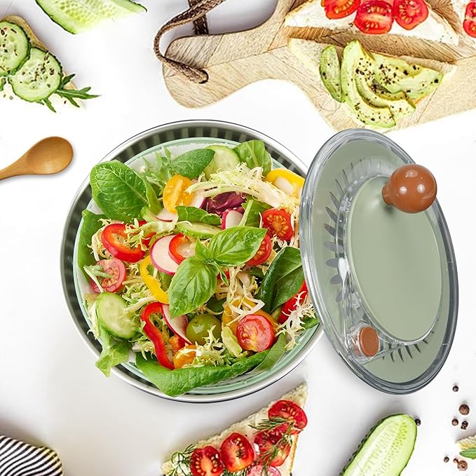 KITHELP Stainless Steel Salad Spinner Large, Vegetables Fruits Wash Bowl with Strainer, Lettuce Spinner Dryer with 5 Blades Slicer, Egg Yolk Strainer, Shredder for Efficient Salad Preparation 5.3Qt