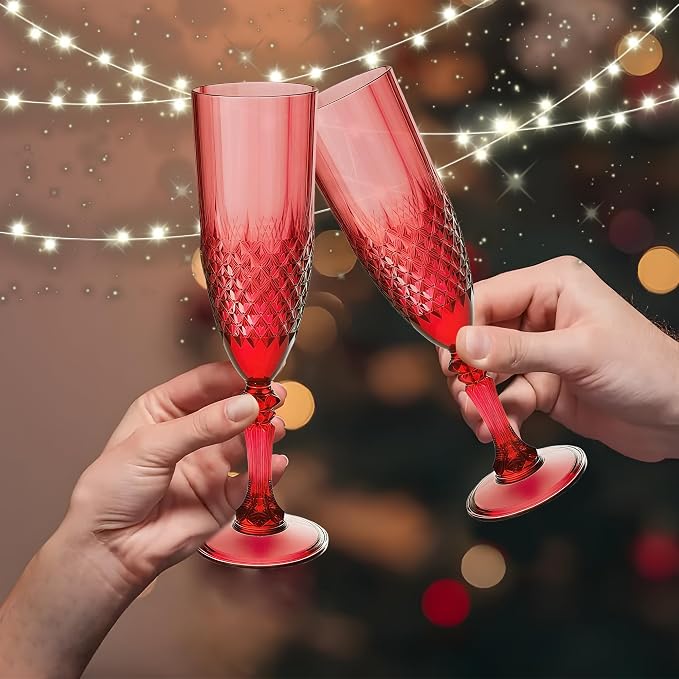 Plastic Champagne Flutes, Champagne Glasses Bulk, Reusable Unbreakable Acrylic Wine Glasses Goblets for Weddings Bachelor Parties Toasting Bridal Shower (48, Dark Red)