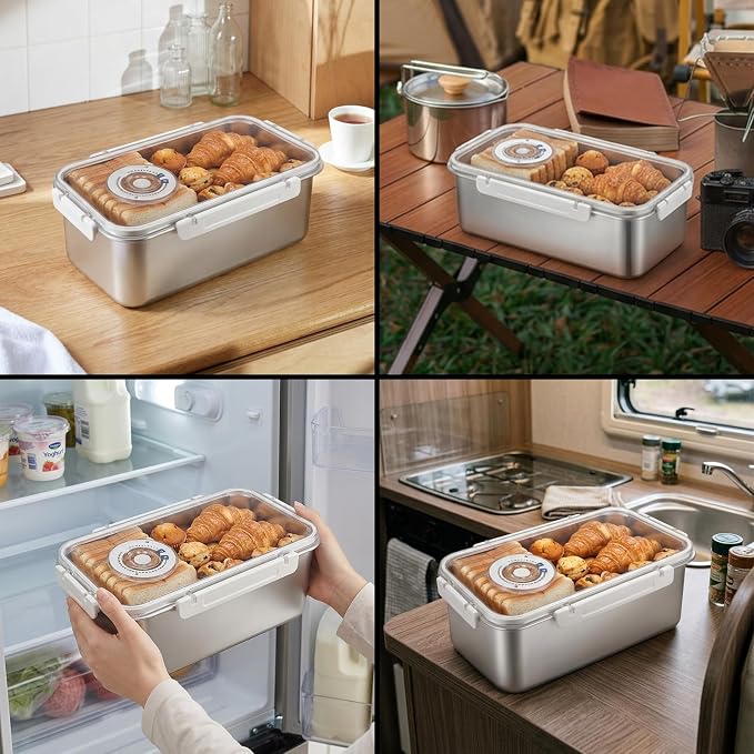 Bread Storage Box for Kitchen Countertop, Large Capacity Stainless Steel Breadbox, Bread Container Holder with Airtight See Through Time Recording Lid for Homemade Loaf, Toast, Bagel, Cookies