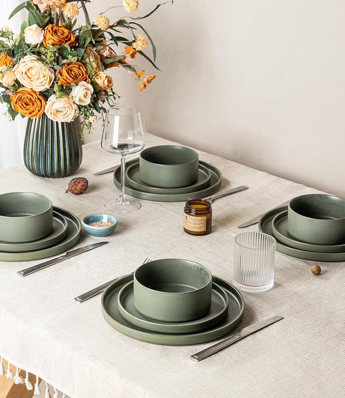 LERATIO Ceramic Dinnerware Sets for 4, High Edge Stoneware Plates and Bowls Set, Chip and Crack Resistant | Oven & Dishwasher & Microwave Safe Dishes Set, Service for 4 -Green