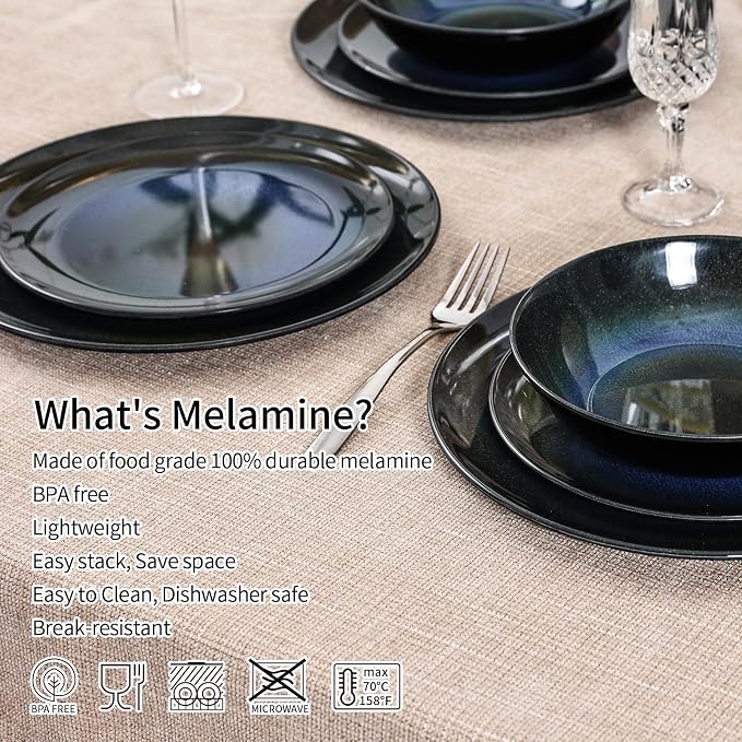 Melamine Dinnerware Set, 12pcs Plates and Bowls Set, Blue Dinner Dishes Set for Indoor and Outdoor, BPA-Free, Dishwasher Safe（Blue Cosmic）