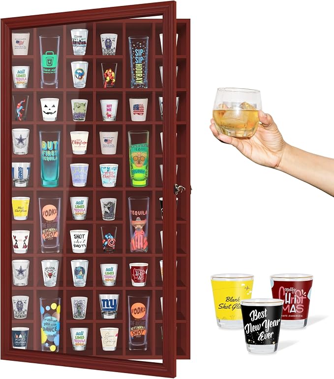 Shot Glass Display Cabinet Solid Wood - Large Display Case for Collectibles | Man Cave Accessories | UV Protection Acrylic Door | Wall Mounted Black Shadow Box | 52 Slots | 32"x17" Mahogany