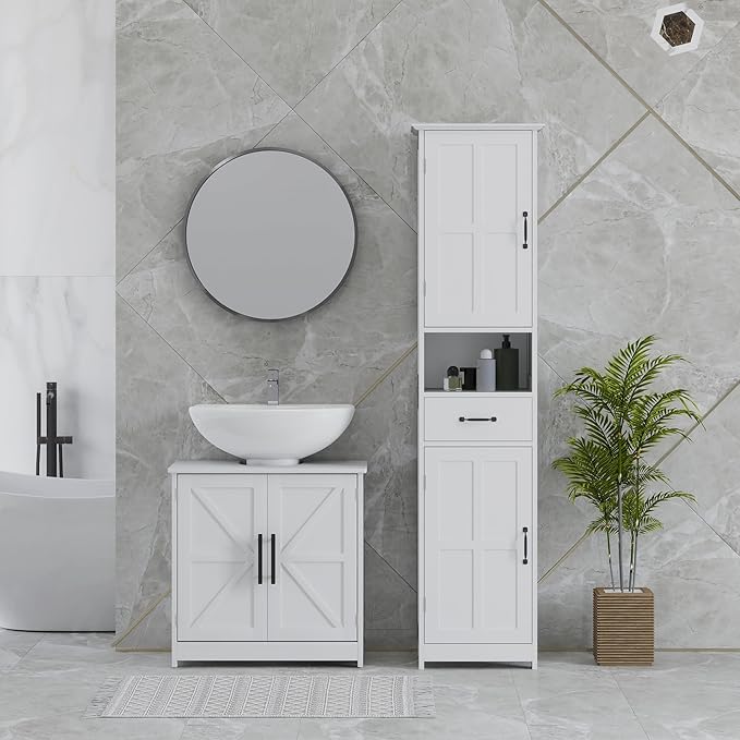 HOMCOM Pedestal Sink Storage Cabinet, Farmhouse Freestanding Bathroom Sink Cabinet with 2 Barn Doors and Adjustable Shelf, White
