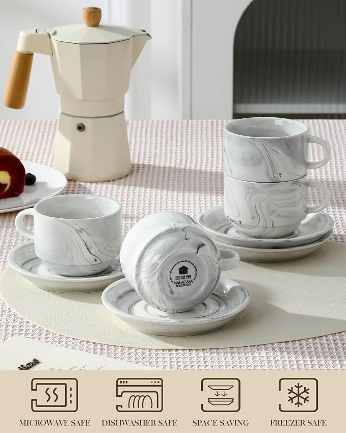 MALACASA 8 OZ Porcelain Espresso Cups with Saucers and Metal Stand Set of 4, Stackable Cappuccino Cups, Marble Gray Expresso Shots Cup Set for Coffee Drinks, Latte, Tea