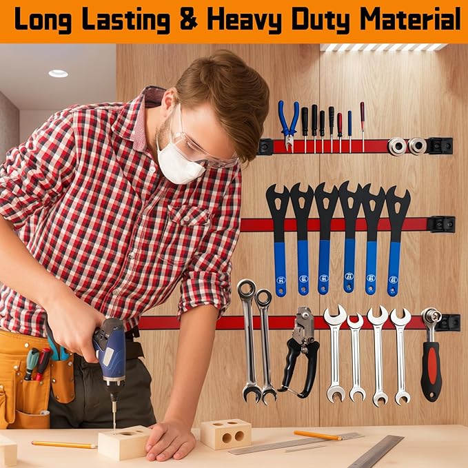 24" Magnetic Tool Holder Strip, 6 Pieces Red Metal Tool Organizer Rack with Stainless Steel Surface, Magnet Bar for Garage Workshop, Easy To Install with Mounting Screws
