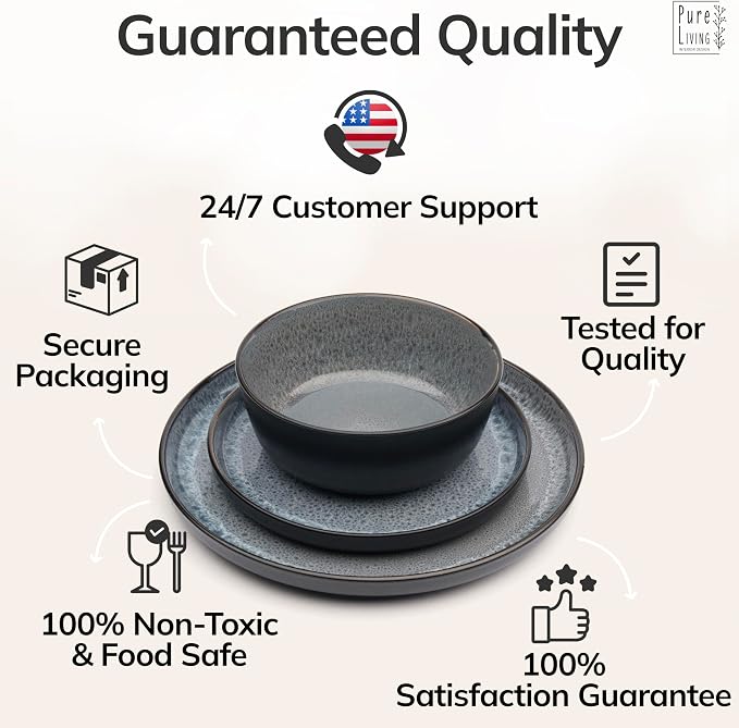 12 Piece Stoneware Dinnerware Set for 4 - Handmade Reactive Glaze Plates and Bowls Set - Chip & Scratch Resistant Dish Set - Dishwasher Microwave Safe - Dark Gray