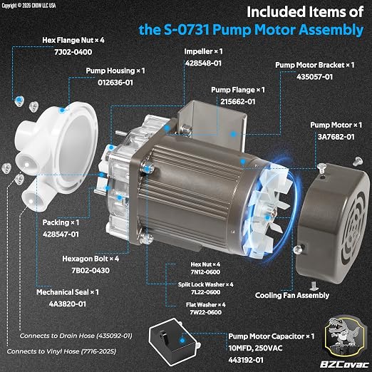 S-0731 Water Pump for Hoshizaki, Ice Machine Motor Assembly with Mounting Plate, 14-Inch Cable, and Factory Plug