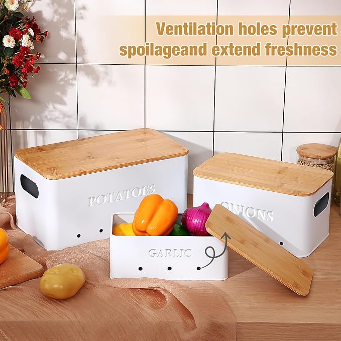 Honeydak 3 PCS White Potato Onion Garlic Storage Bins Set, Metal Vegetable Keeper Containers with Lids Aerating Holes for Kitchen Counter Pantry Keep Fresh Longer Farmhouse for Sweet-potato Fruit