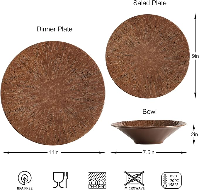 MissYIP 12 Pcs Unbreakable Dinnerware Set - Service for 4, Dishwasher Safe Plates and Bowls - Ideal for Party, Camping, Indoor & Outdoor Use (Brown)