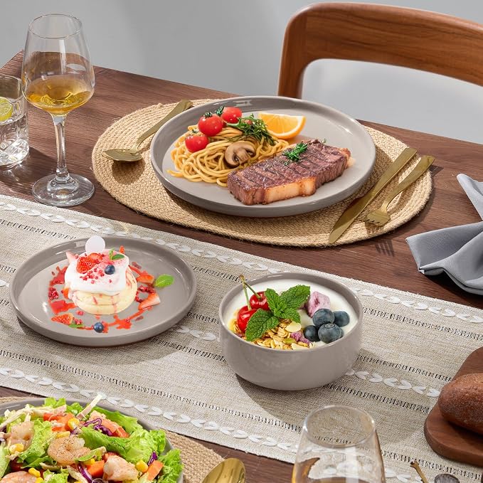 E-far 12-Piece Ceramic Dinnerware Sets, Plates and Bowls Sets for 4, Stoneware Dishware Dishes Set with Terracotta Base, Chip & Scratch Resistant, Microwave & Dishwasher Safe, Speckled Khaki