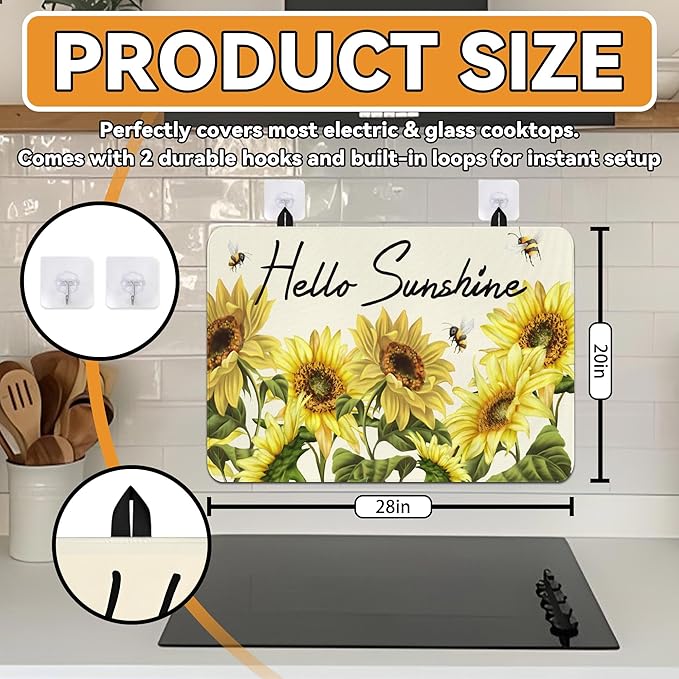 Decorative Stove Top Covers for Electric Stove 28"x20" – Heat Resistant Glass Cooktop Protector Dish Drying Mat – Non-Slip Rubber Backing Washer Top Cover Waterproof Extra Counter Space (Sunflower 2)