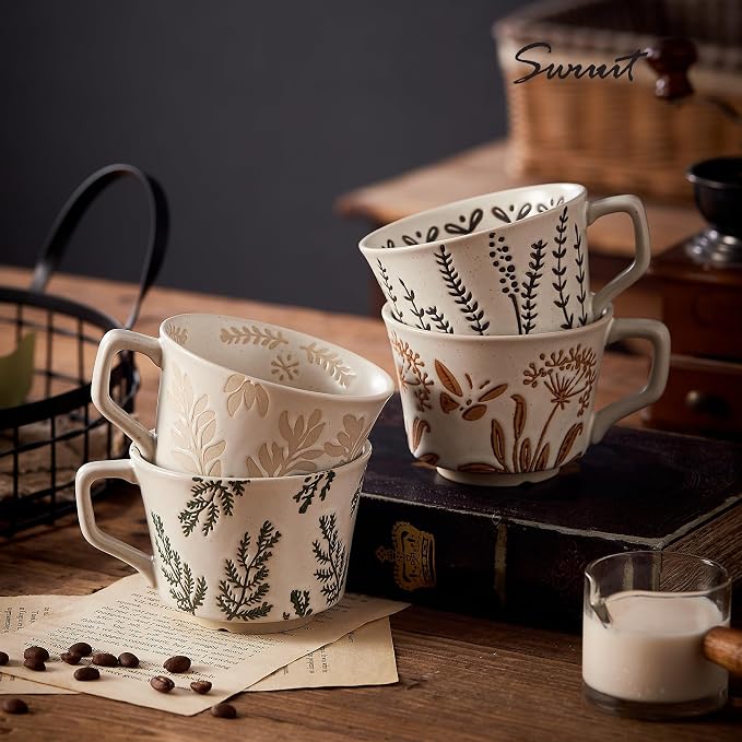 12 oz Vintage Ceramic Coffee Mug Set of 4 - Handmade Stoneware Pottery Countryside Farmhouse Fall Autumn Tea Mugs with Big Handle for Latte,Cocoa,Dishwasher & Microwave Safe Cups (Plants)