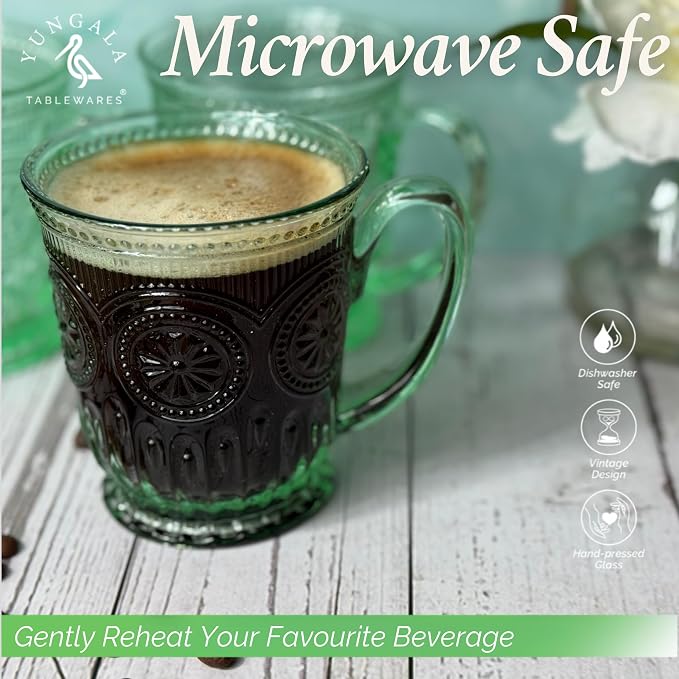 Green Glass Coffee Cups - Set of 4 Vintage Coffee Mugs – 10oz Vintage Tea Cups, Pastel Apple Green Aesthetic Mug Set, Unique Tea Cup Glass with Sunflower Design, Dishwasher Safe, Lead-Free