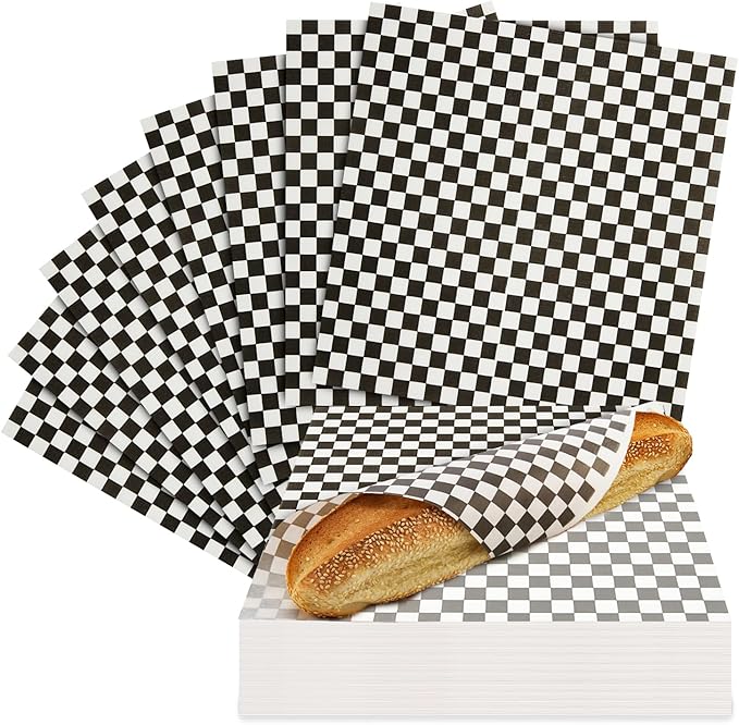 Culiware Deli Paper Sheets, 12x12 inch, 1000pcs - Classic Checkered Wax Sheet, Precut Food Basket Liners, Grease-Resistant Wrapping Paper for Sandwich Bread Burritos (Black and White)