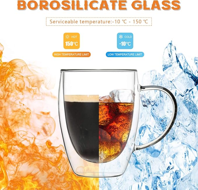 MEWAY 12oz/6 pack Coffee Mugs,Clear Glass Double Wall Cup with handle for Coffee, Tea, Latte, Cappuccino (12 oz，6)