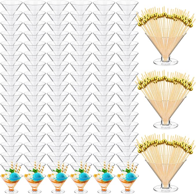 Irenare 250 Pcs 5 oz Plastic Martini Glasses and Cocktail Picks Set Disposable Clear Cocktail Dessert Glasses Unbreakable Mini Cups for Wedding Party Wine Appetizers Food