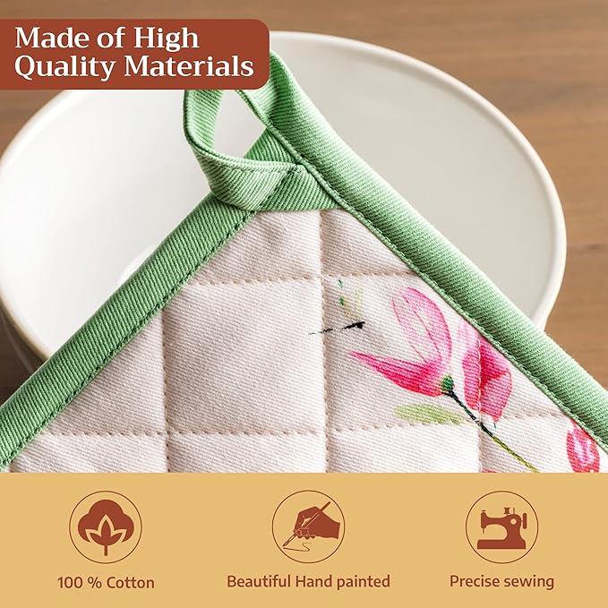 Maison d' Hermine Pot Holders 100% Cotton Heat Resistant Potholders 8" x 8" Hot Pads with Loop BBQ Cooking Baking Gifts for Mothers Day Handling Hot Pans Spring/Summer(Pack of 2, Botanical Fresh)
