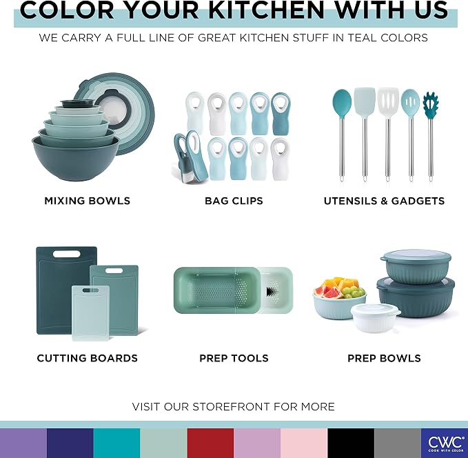 COOK WITH COLOR 4pc Plastic Mixing Bowl Set with Lids (Teal Ombre, 210 ml, 550 ml, 1150 ml, 3500 ml) - Sturdy, Nesting, BPA Free, Dishwasher Safe, Food Safe, Bowls for Cooking and Baking