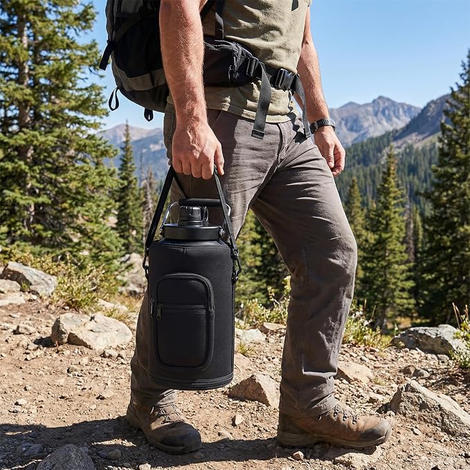 Insulated Gallon Jug with Handle, One Gallon, 128oz Stainless Steel, Large Double Vacuum Water Bottle for Cold Drinks, Wide Mouth, Sweat Proof, Carrier bag, Great for Travel, Camping, Dark Blue