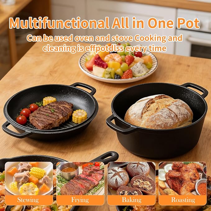 Pre-Seasoned Cast Iron Dutch Oven for Bread Baking - incl. Sourdough Bread-Baking Supplies like Proofing Basket, 2-in-1 Dutch Oven Pot with Skillet Lid and Dual Handles, Sour Dough Tools, Lame, 5QT