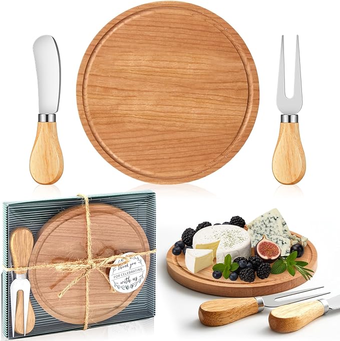 Maxcheck 1 Set Baby Shower Bridal Game Prizes for Winners Round Cheese Board Set Wood Mini Charcuterie Board with Knives and Forks Thank You Card with Gift Box for Guests Wedding (Cherry Wood)