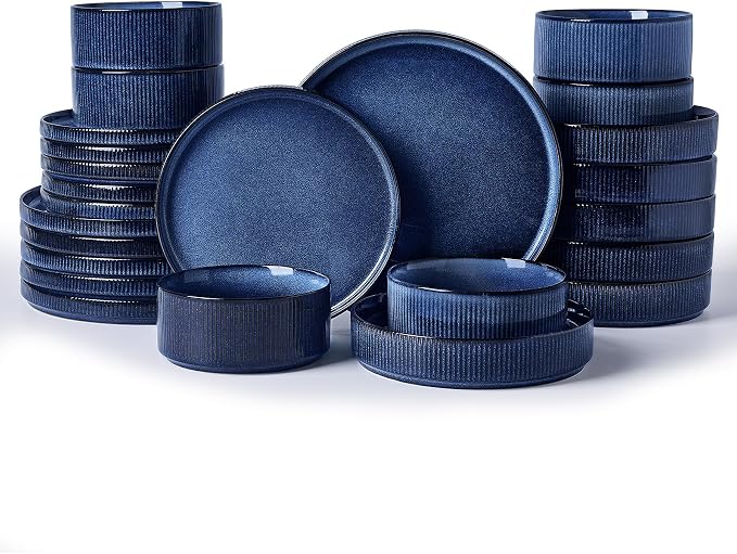 Famiware Star 24-Piece Stoneware Dinnerware Sets for 6 - Shallow Pasta Bowls & Flat Plates, Modern Rustic Reactive Glaze Dishes, Chip & Scratch Resistant, Microwave & Dishwasher Safe, Nebulas Blue