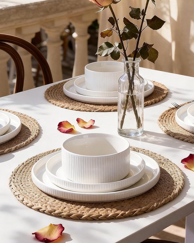 12-Piece Plates and Bowls Set, Porcelain Dinnerware Sets for 4 Service, Modern Dish Set-Chip and Scratch Resistant, Dishwasher & Microwave Safe, White