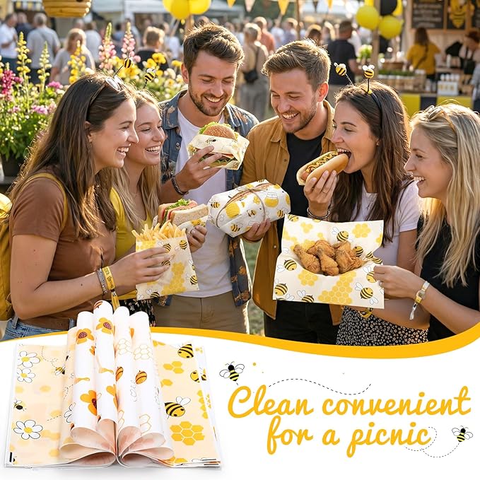 Reallnaive 300 Pcs Honey Bee Wax Paper Sheets 12 x 12 Inch Yellow Honeycomb Parchment Deli Tissue Paper Sandwich Wrapping Sheets Food Basket Liners for Kitchen Restaurant Baking Supplies, 6 Styles