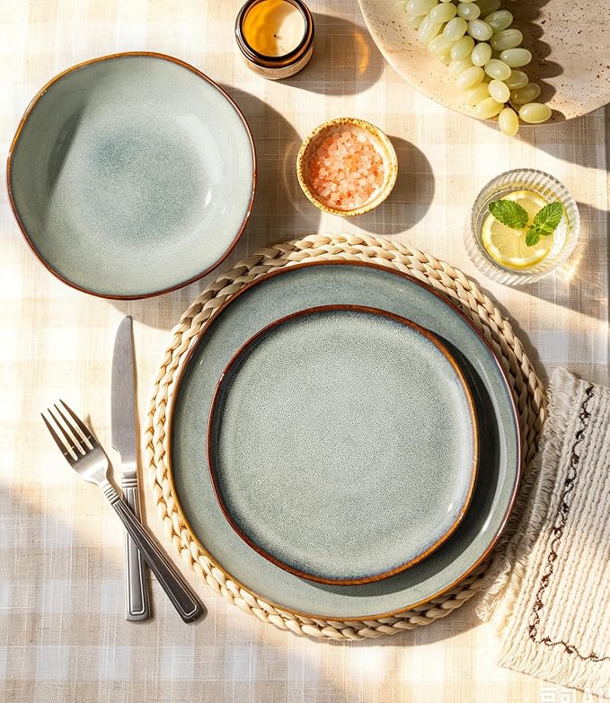 GBHOME Stoneware Dinnerware Sets for 8, 24 Pieces Rustic Earthenware Plates and Bowls Set, Handmade Reactive Glaze Ceramic Plate Sets, Chip Resistant Dishes, Microwave & Dishwasher Safe, Earthy Sage