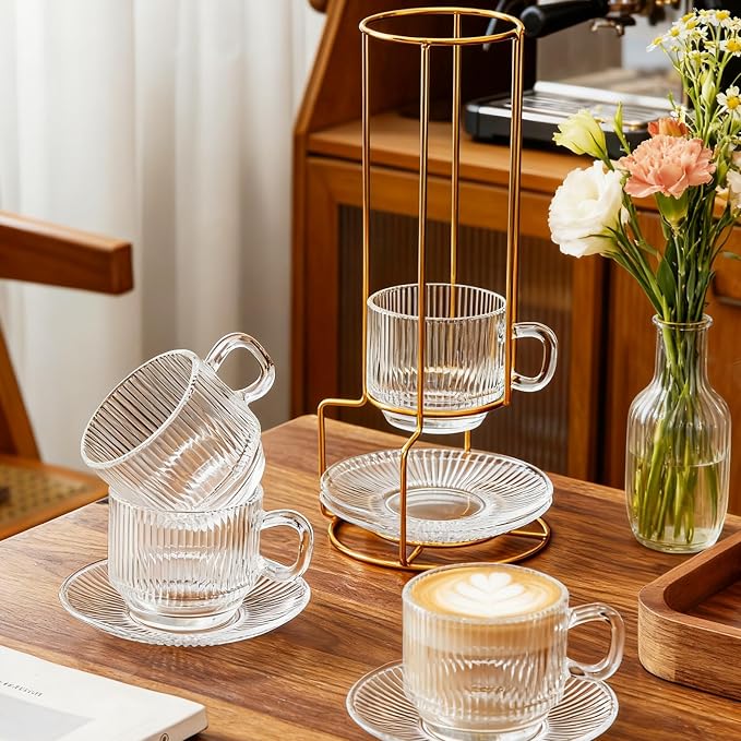 5.4 oz Espresso Cups Set of 4,Clear Glass Coffee Cups with Saucers Spoons and Cup holder,Stackable Small Cup for Espresso,Latte,Cappuccino,Tea