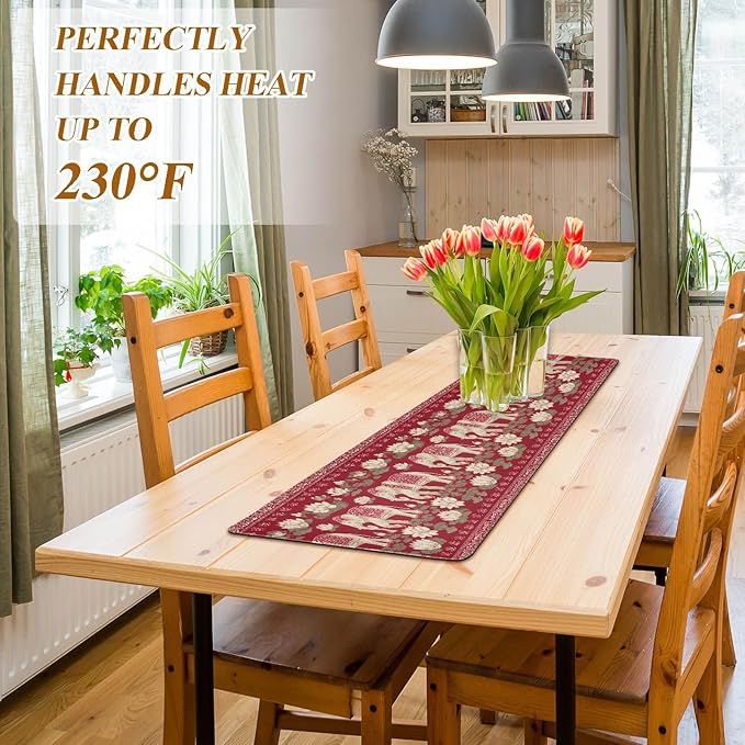 Red Retro Elephants Lotus Trivet Table Runner Heat Resistant 230F for Hot Dishes Pots Plates Kitchen Dining Table Protector Decorative 39.37x 11.8