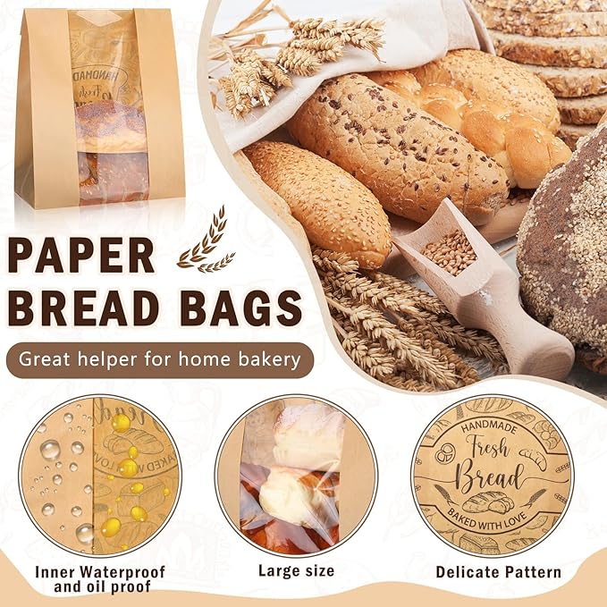 Spakon 120 Pack Large Kraft Paper Bread Bags for Homemade Bread 14 x 8.3 x 3.5 Sourdough Bakery Bags with Window with 120 Pcs Baked with Love Stickers for Baked Food Packaging Storage