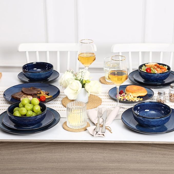 Vicrays Ceramic 24 Pieces Dinnerware Set - Dinner Plates Salad Plates Cereal Bowls Set Service for 8 - Scratch Resistant Microwave Oven Dishwasher Safe - Starry Blue