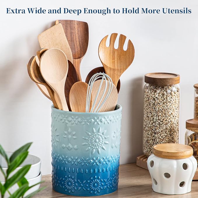 LOVECASA Extra Large Kitchen Utensil Holder, 7.2" Ceramic Farmhouse Utensil Holder For Kitchen Décor Countertop With Heavy And Sturdy Base, Utensil Crock Organizer, Blue