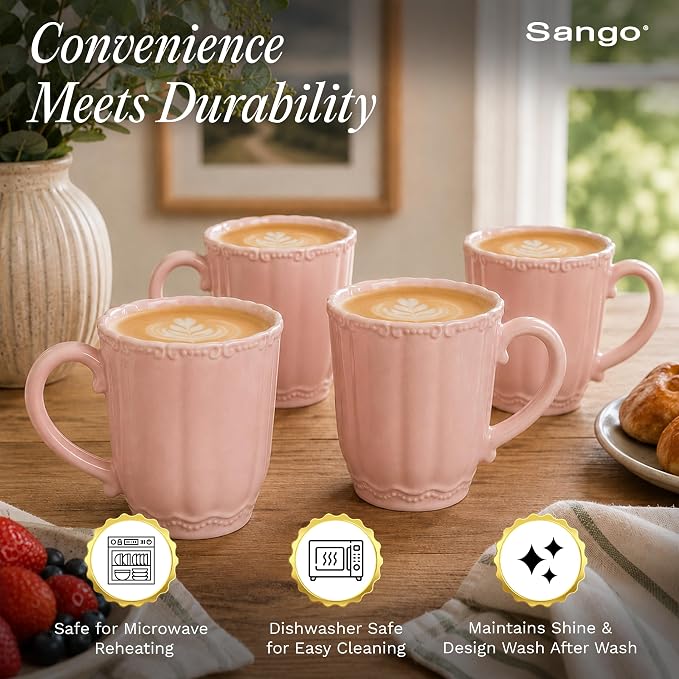 SANGO Bethany Pink Mugs Set of 4, 15 oz Stoneware Pink Coffee Mugs, Vibrant Ceramic Drinkware for Coffee, Tea or Cocoa, Durable Everyday Cups, Dishwasher & Microwave Safe, Kitchen Mug Set