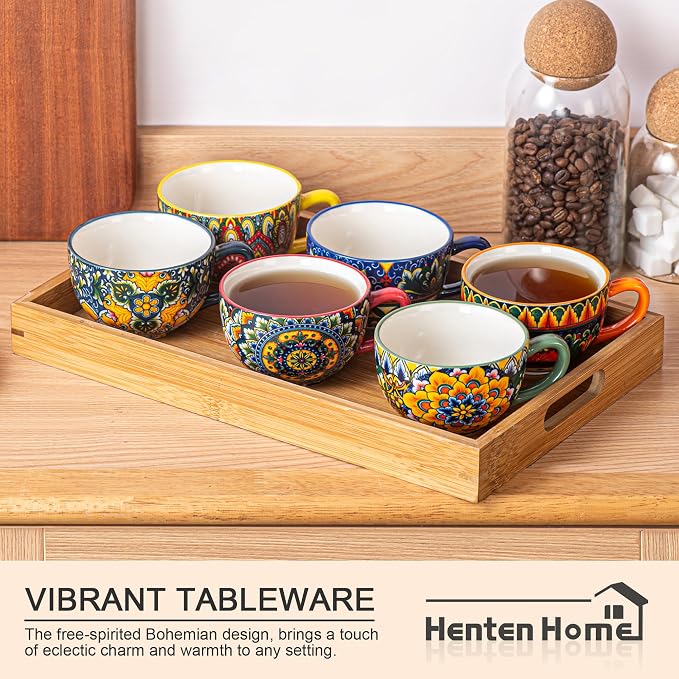 Henten Home Ceramic 8.5 oz Tea Cup Set, Latte Cup with Saucers Set of 6, Boho Style Cup for Cappuccino, Coffee, Hot Cocoa, Espresso, Microwave & Dishwasher Safe