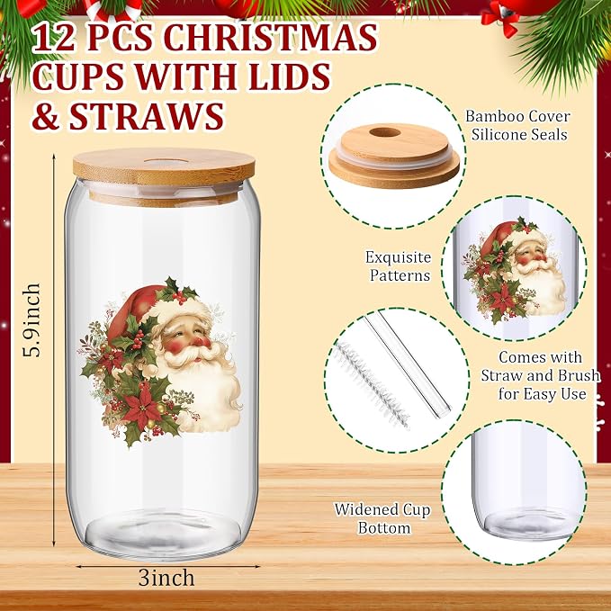 Skylety 12 Set Christmas Gifts Bulk 16 oz Santa Glass Cups with Lids Straws Xmas Notebook Sticky Note Pens for Women Students School Office Holiday Party Favors