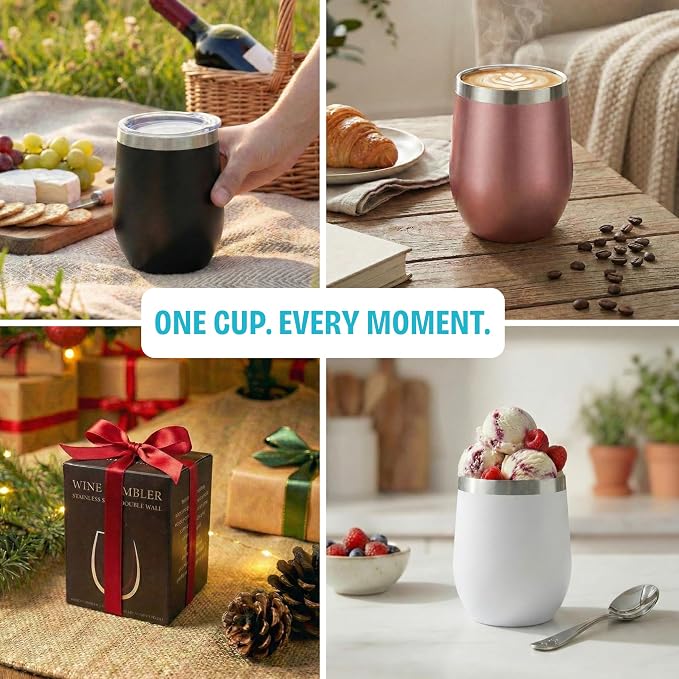 CHILLOUT LIFE 12 oz Stainless Steel Wine Tumbler with Lid - Double Wall Vacuum Insulated Wine Cup Glass Keeping Cold & Hot for Coffee, Champagne, Cocktails, Ice Cream - Powder Coated Pink