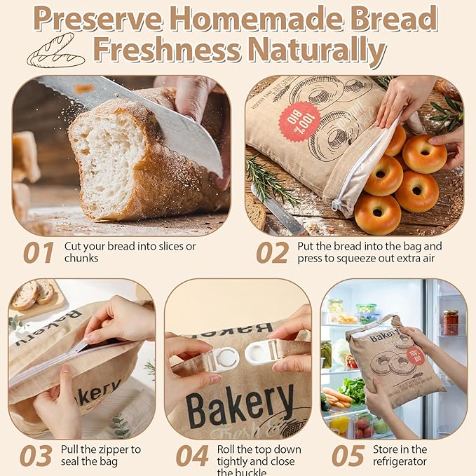 Tigeen 8 Pack Beeswax Bread Bags for Sourdough & Homemade Bread 17 x 13'' XL Reusable Organic Linen Beeswax Wraps with Sealing Zip for Fresh Food Storage Loaf Fresh Freezer Baker Gift, Bakery Style