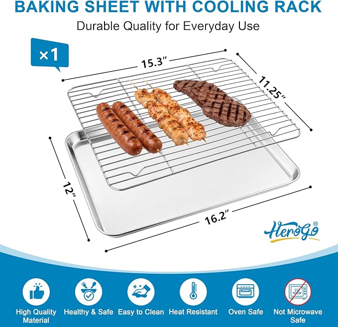 Herogo Baking Sheet with Wire Rack Set(1 Pans + 1 Racks), 16" x 12" x 1" Stainless Steel Jelly Roll Pan with Cooling Rack Set for Baking & Roasting, Non Toxic & Easy Clean