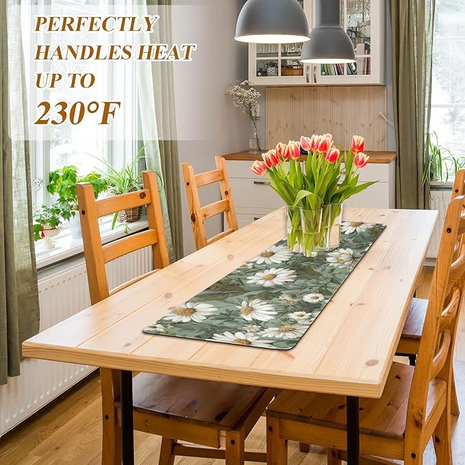 2 in 1 Table Runner Trivet for Hot Pots and Pans Heat Resistant Non Slip Waterproof 39 x 12 Inch Decorative Table Protector for Kitchen Countertop Summer Daisy Butterfly Green