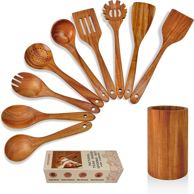 Brosisincorp Natural Teak Wood Spoons for Cooking with Holder 10 Pcs, Comfortable Grip Wooden Kitchen Utensils Set Scratch-Free Smooth Finish for Non-Stick Cookware